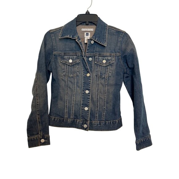 Gap Denim Stretch Jacket Women XS Dark Wash Blue Casual Button Front - Picture 1 of 5